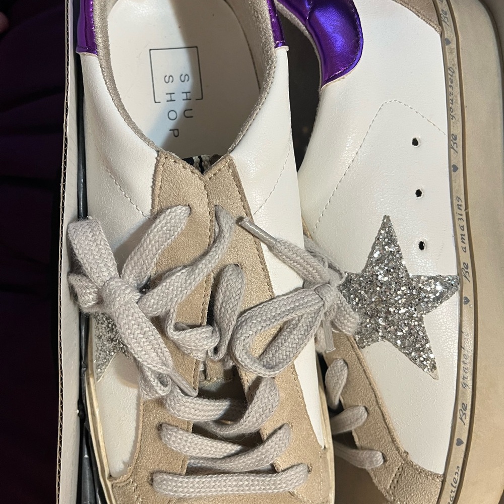 ShuShop Women's White and Purple Sneakers with Silver Star